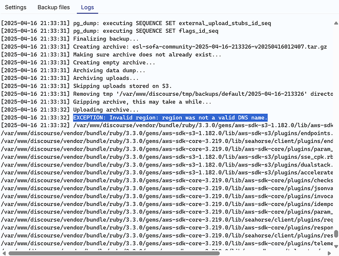 La imagen muestra un registro de terminal que muestra el proceso de archivado y carga de datos a un bucket S3 de AWS, intercalado con un mensaje de excepción que indica un nombre DNS inválido relacionado con el complemento S3 del SDK de AWS. (Subtitulado por IA)