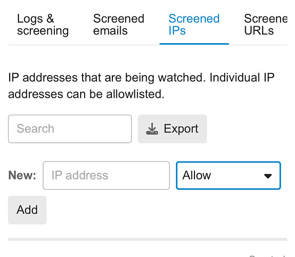 Esta imagem mostra uma tela de uma interface de software de segurança focando no monitoramento de endereços IP filtrados, com opções para adicionar novos endereços IP permitidos. (Legenda por IA)