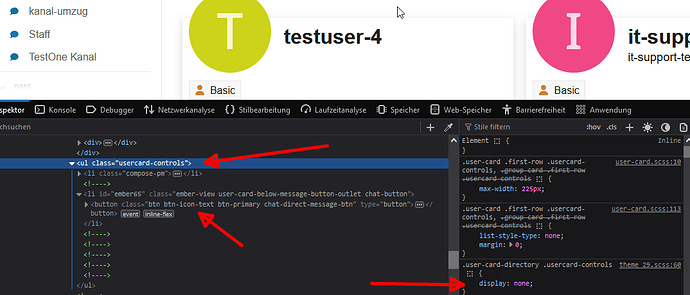 Das Bild zeigt einen Code-Editor mit hervorgehobenen Abschnitten in CSS für "user-card" und "user-card-directory" sowie Piktogramme, die ein Benutzerprofil darstellen. (Beschriftet von AI)