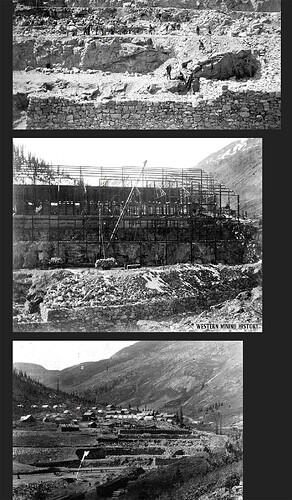 Questa immagine è un collage di tre foto in bianco e nero che raffigurano la costruzione di un sito minerario, mostrando le prime fasi di sviluppo e il terreno accidentato circostante. (Didascalia dell'IA)