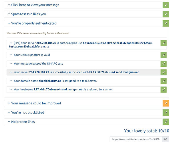 Esta captura de tela exibe um relatório de autenticação de mensagens do mail-tester.com mostrando uma pontuação perfeita de 10/10 com todos os testes aprovados, incluindo SPF, DKIM, DMARC e validações de servidor/domínio. (Legenda por IA)