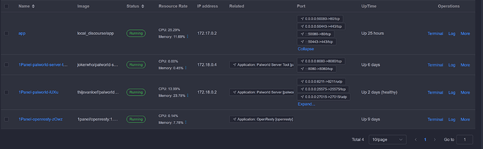 L'immagine è uno screenshot di un'interfaccia di gestione server che mostra varie applicazioni e i loro stati, l'utilizzo delle risorse e le connessioni. (Sottotitolo generato dall'AI)