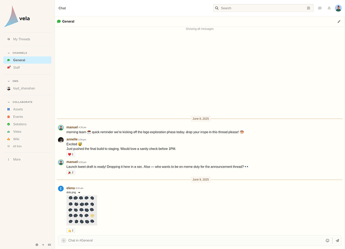 L'immagine mostra un'interfaccia di chat dall'applicazione Vela, che dettaglia un thread con messaggi sull'esplorazione del logo, una notifica di build finale, entusiasmo per la pubblicazione di contenuti e una richiesta di controllo di sanità, condivisa nel giugno 2023. (Didascalia dell'IA)