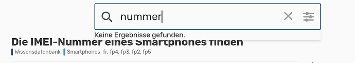 Barre de recherche sur le forum Commown, au-dessus d’un sujet intitulé « Die IMEI-Nummer eines Smartphones finden ». Dans le champ de la barre de recherche est écrit « nummer », et le texte suivant s’affiche en dessous : « Keine Ergebnisse gefunden ».