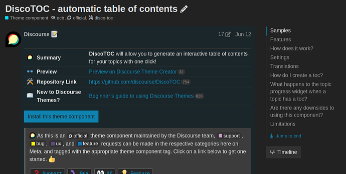 The image appears to be a screenshot of a user interface displaying a theme component, specifically the DiscoTOC - automatic table of contents. (Captioned by AI)