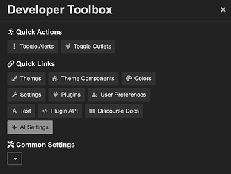 A imagem exibe um menu "Developer Toolbox" com tema escuro com várias opções, como Ações Rápidas e Links Rápidos relacionados a tarefas e configurações de desenvolvimento de software. (Legenda da IA)