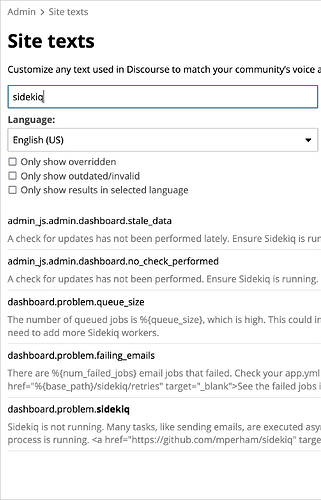 L'immagine mostra una dashboard di amministrazione di Discourse con le impostazioni di Sidekiq