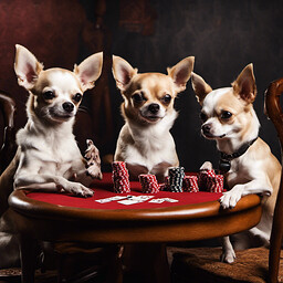 Four chihuahuas playing poker