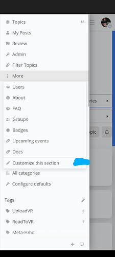 The image shows a sidebar menu or navigation panel from a website or application, displaying various sections such as Topics, My Posts, Review, Admin, Filter Topics, More, Users, About, FAQ, Groups, Badges, Upcoming events, Docs, Customize this section, All categories, Configure defaults, and Tags like UploadVR, RoadToVR, and Meta-Hmd. (Captioned by AI)