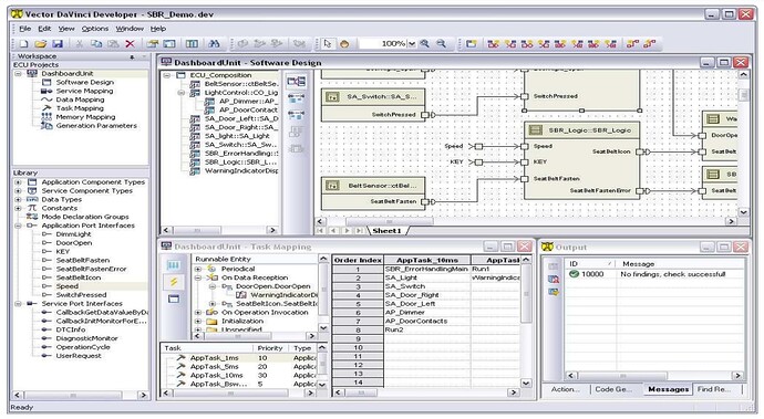 Das Bild zeigt eine Softwareentwicklungsumgebung mit Diagrammen und Tabellen im Zusammenhang mit der ECU-Programmierung oder -Konfiguration, mit Panels für Aufgaben, Bibliotheken und Ausgabemeldungen.