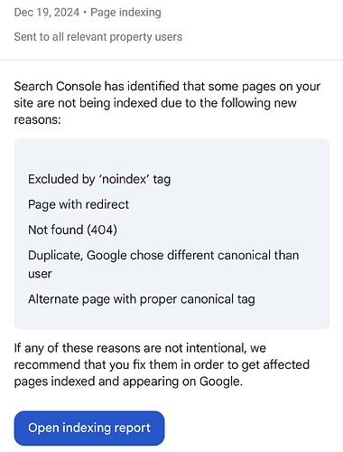 图片是来自 Google Search Console 的通知，关于网站上某些页面未被索引的问题，原因包括被“noindex”标签排除、存在重定向、未找到、被 Google 选择为重复内容且指定了其他规范网址，以及存在...（由 AI 标注）
