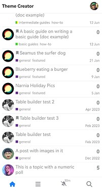 لقطة شاشة لتطبيق Theme Creator تعرض مواضيع مختلفة مثل "دليل أساسي لكتابة دليل أساسي" و "كلب راكب الأمواج Seamus" و "صور عطلة نارنيا". (تم التعليق بواسطة الذكاء الاصطناعي)