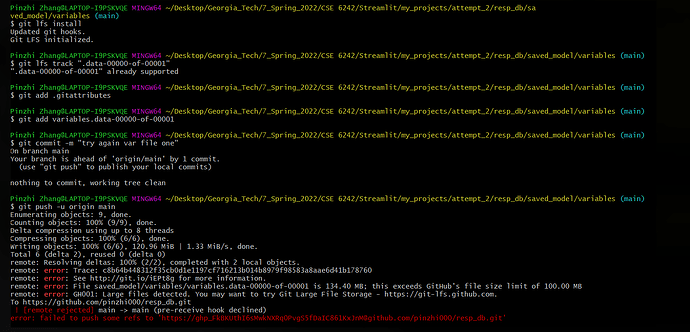 Das Bild zeigt ein Computerterminal mit mehreren Befehlszeileneinträgen im Zusammenhang mit der Git-Versionskontrolle, bei denen der Benutzer versucht, große Dateien in ein Repository zu pushen, aber auf einen Fehler stößt, da die Dateigrößen das von GitHub zulässige Limit überschreiten.