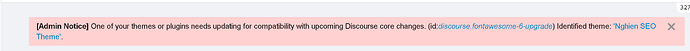 The image shows a notification about a code update affecting themes and plugins in Discourse, including an "Nghiep SEO 6-upgrade" theme. (Captioned by AI)