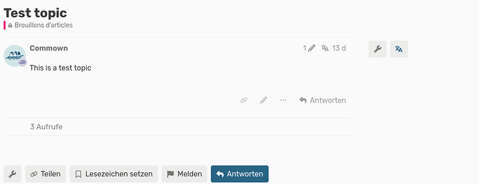 Discourse-Thema mit dem Titel „Test Topic“ und dem Text „This is a test topic“. Rechts befindet sich ein Einstellungs-Button und ein Übersetzungs-Button