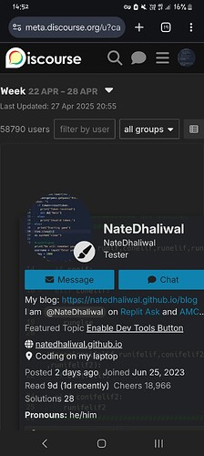 تُظهر هذه الصورة ملف تعريف Discord لمستخدم يُدعى NateDhaliwal، وتفصل مدونته وبريده الإلكتروني وتاريخ انضمامه، إلى جانب خيار مراسلته أو الدردشة معه. (تم التقاطه بواسطة الذكاء الاصطناعي)