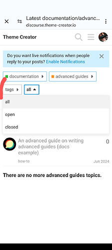 L'immagine è uno screenshot dalla documentazione più recente/sito avanzato che mostra un software di creazione di temi con opzioni di tag come documentazione e guide avanzate aperte e guide avanzate non aperte. (Sottotitolato dall'IA)