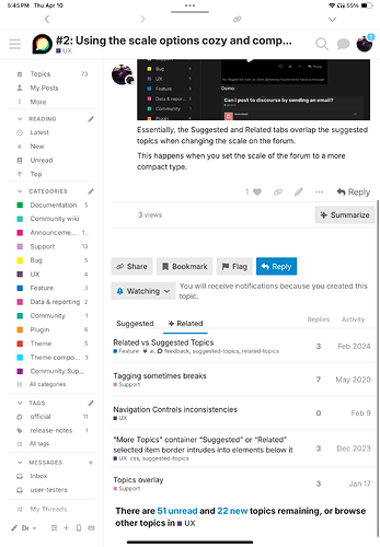 The image is a screenshot from a Slack channel discussing forum scaling issues and navigation controls, specifically highlighting the effects of setting forum scale to compact format. (Captioned by AI)