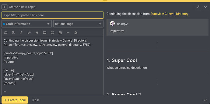 一个标题为“Super Cool”的论坛讨论，描述为“What an amazing description”，并提到了 Stateview General Directory。（由 AI 标注）