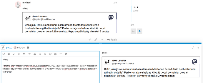 Ein Screenshot eines Social-Media-Beitrags mit einem Mastodon-Embed von Michael an Jakke Lehtonen. (Beschriftet von KI)