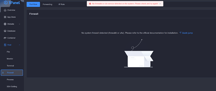 L'immagine mostra uno screenshot di un'interfaccia web per una configurazione del firewall, indicando che nessun servizio firewall è rilevato sul sistema e consigliando di fare riferimento alla documentazione ufficiale per l'installazione. (Sottotitolo generato dall'AI)