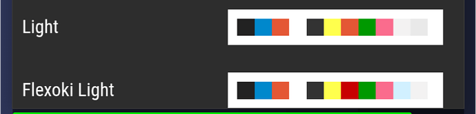 La imagen muestra una comparación de paletas de colores entre dos sistemas de luz etiquetados como "Light" y "Flexoki Light", cada uno compuesto por rectángulos blancos y negros con varios colores azul, rojo, amarillo, verde, rosa y azul claro dispuestos en diferentes combinaciones. (Subtitulado por IA)