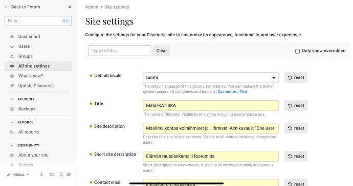 L'immagine mostra un utente che modifica le impostazioni del sito di un forum Discourse, impostando in particolare la lingua predefinita su Suomi e il titolo del sito su "KATISKA" con una descrizione e una breve descrizione in finlandese. (Didascalia dell'IA)