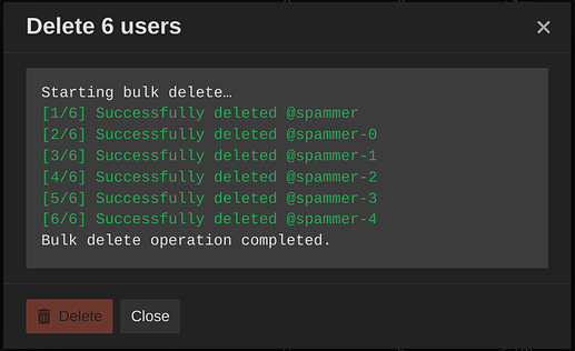 A notification window displaying a successful bulk delete of six users. (Captioned by AI)