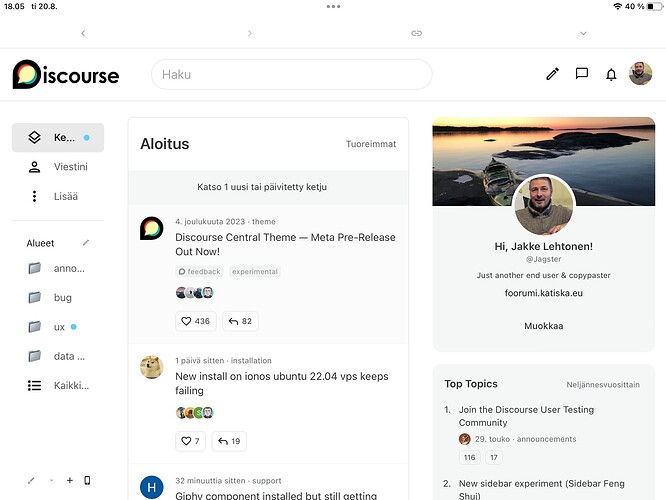 A imagem é uma captura de tela da interface do fórum da comunidade Discourse, exibindo um perfil de usuário, postagens de usuários e uma lista de tópicos. (Legenda da IA)