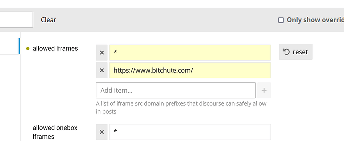Esta imagem exibe uma interface de configurações para gerenciar domínios permitidos de iframe e onebox iframe no que parece ser uma plataforma de gerenciamento de conteúdo ou fórum, com um domínio (https://www.bitchute.com/) já listado como permitido para iframes. (Legenda por IA)