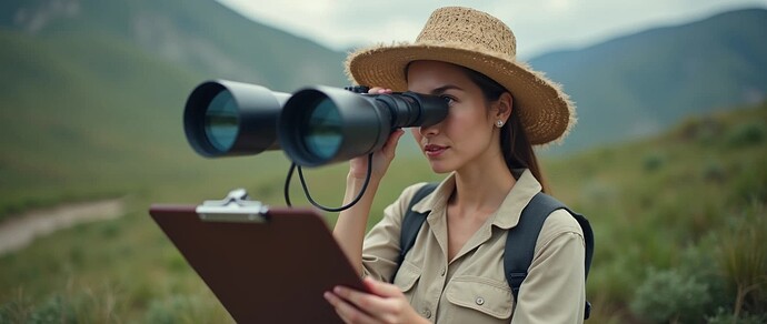 Une femme portant un chapeau de paille et une chemise kaki utilise des jumelles pour observer quelque chose dans une région montagneuse, avec un presse-papiers à proximité. (Légendé par IA)