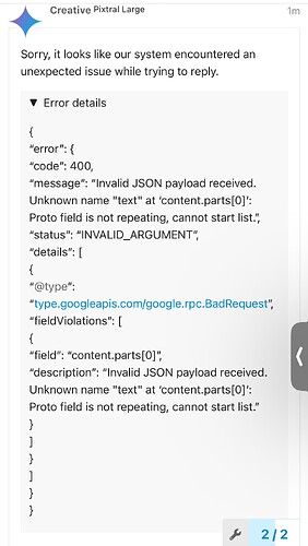 The image displays an error message indicating an invalid JSON payload received from a system, with detailed error information regarding an unknown field and a non-repeating proto field. (Captioned by AI)