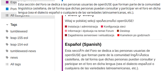 Une page Web avec des sections en espagnol et en polonais, y compris des sous-sections sur le tumbleweed et openSUSE. (Légendé par l'IA)