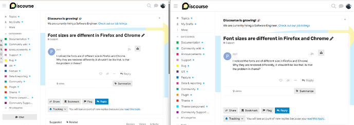 La imagen muestra un tema de Discord preguntando por qué las fuentes aparecen diferentes en Firefox y Chrome, con una vista similar mostrada en dos pantallas. (Subtitulado por IA)