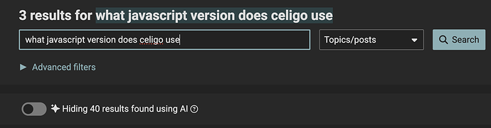 A imagem mostra um resultado de consulta de pesquisa para "qual versão do javascript o celigo usa" com três tópicos e um menu suspenso para filtros avançados. (Legenda da IA)