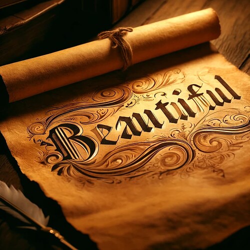 Um pergaminho lindamente ilustrado com a inscrição "Beautiful" em letras elegantes e decorativas repousa sobre uma superfície de madeira, evocando uma sensação vintage ou atemporal. (Legenda gerada por IA)