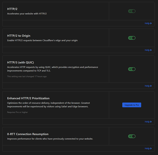 L'immagine mostra una pagina delle impostazioni per la configurazione HTTP/2, incluse opzioni che evidenziano HTTP/3 con QUIC e Enhanced HTTP/2 Prioritization, con un invito a eseguire l'aggiornamento a un piano Pro per quest'ultima funzionalità. (Didascalia dell'IA)