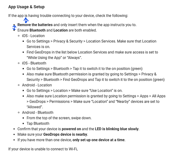Esta imagem fornece instruções detalhadas para configurar e solucionar problemas de configurações de localização e Bluetooth em dispositivos iOS e Android para garantir a conexão adequada para o aplicativo GeoDrops. (Legenda gerada por IA)