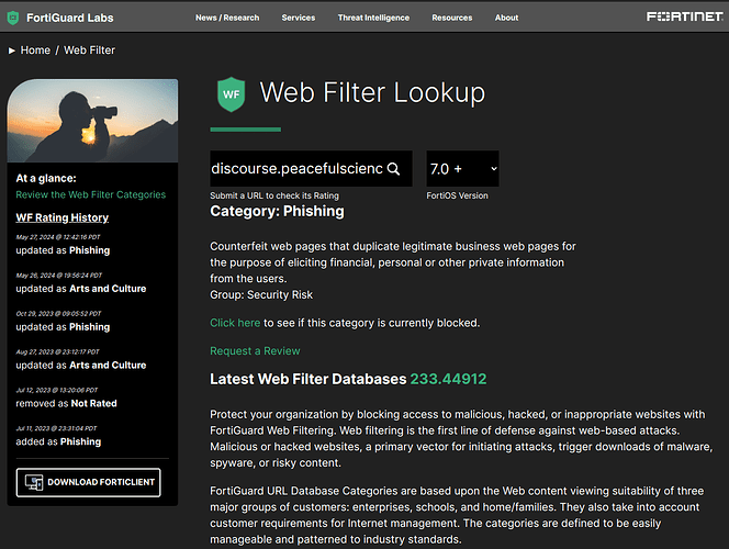 Nesta imagem, há um design de página da web para o recurso "Web Filter Lookup" no site do FortiGuard Labs. (Legenda da IA)