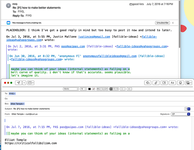 The image shows an email thread discussing how to improve the quality of internal statements, with participants brainstorming a "bell curve of quality" idea. (Captioned by AI)