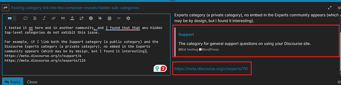 The image shows a technical issue where clicking category links leads to unexpected results, including an embed missing from the Discourse Experts community, highlighted by red lines in an online forum post. (Captioned by AI)