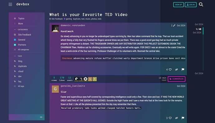 Das Bild zeigt eine Benutzeroberfläche der Devbox-Anwendung mit einem TED-Video-Beitrag und einem darunterliegenden Blogbeitrag, beide datiert auf Oktober 2024. (Von KI beschriftet)