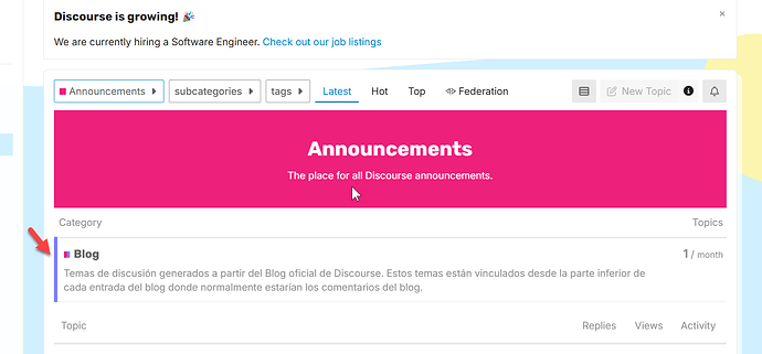 Das Bild ist ein Screenshot des Ankündigungsbereichs des Discourse-Forums, der einen Blogbeitrag über Stellenangebote für Software-Ingenieure zeigt. (Beschriftet von KI)