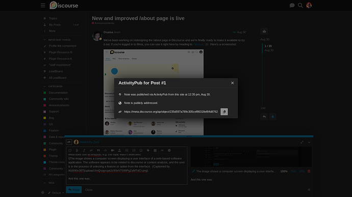 Dies ist ein Screenshot eines Webentwicklungs-Dashboards, das eine Benutzeroberfläche mit einer Notiz im ActivityPub-Bereich anzeigt. (Beschriftet von KI)
