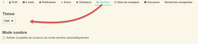The image shows a user interface menu in a French application, with options such as Profile, Emails, Notifications, and Interface highlighted, and a red graph indicating theme rotation feature. (Captioned by AI)