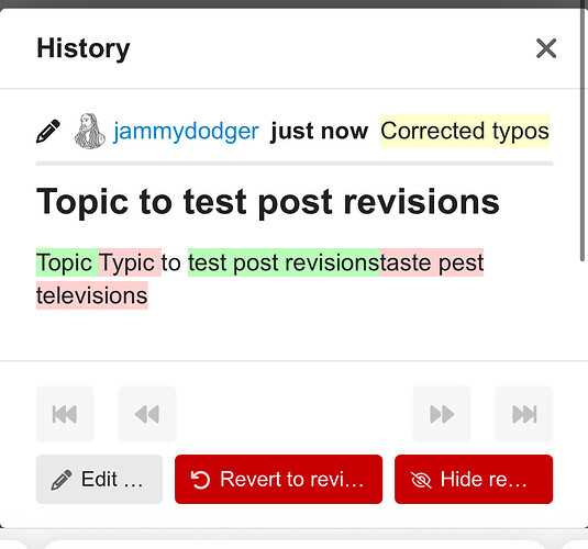 スクリーンショットは、jammydodgerというユーザーが「投稿改訂テスト用トピック」というタイトルの新しいトピックを作成し、「スペルミス修正済み」とタグ付けしたGitHubのIssueページで、下部には様々な改訂オプションが表示されています。（AIによるキャプション）
