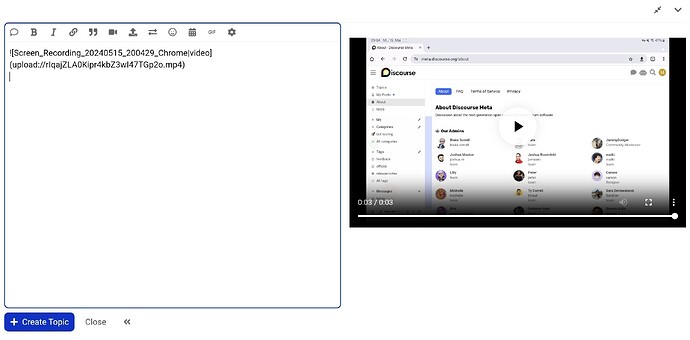 Der Bildschirm zeigt einen geöffneten Videoplayer mit einer Aufnahme sowie ein Browserfenster mit der Benutzeroberfläche der Google Discourse-Anwendung, die eine Liste von Personen oder Benutzerprofilen enthält. (Beschriftet von KI)