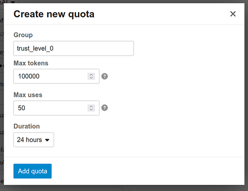 A screenshot of a "Create New Quota" interface on Dialogflow, featuring settings to define the group, max tokens, max uses, and duration for the quota. (Captioned by AI)