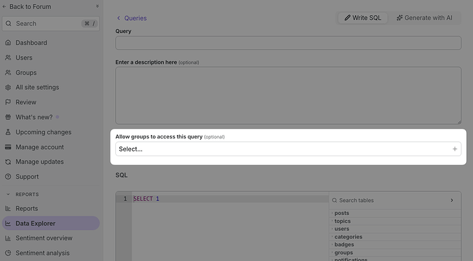 Définition de l'accès par groupe lors de la création d'une requête dans Data Explorer en écrivant du SQL manuellement.