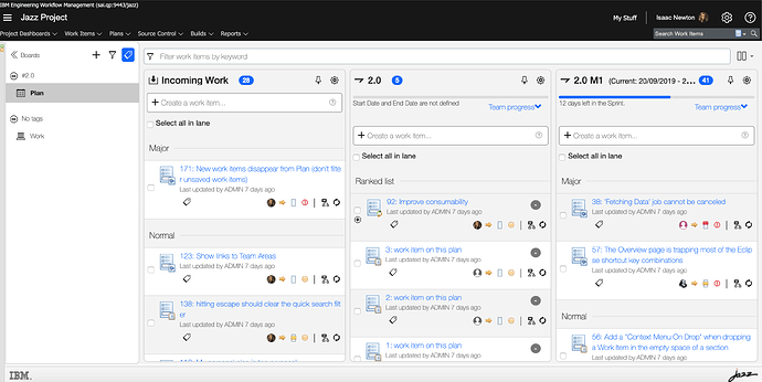 Das Bild zeigt einen Screenshot der IBM Engineering Workflow Management-Oberfläche mit verschiedenen Projektmanagementaufgaben und -aktivitäten, die in Abschnitte wie „Eingehende Arbeit“, „2.0“ und „2.0 M1“ unterteilt sind.